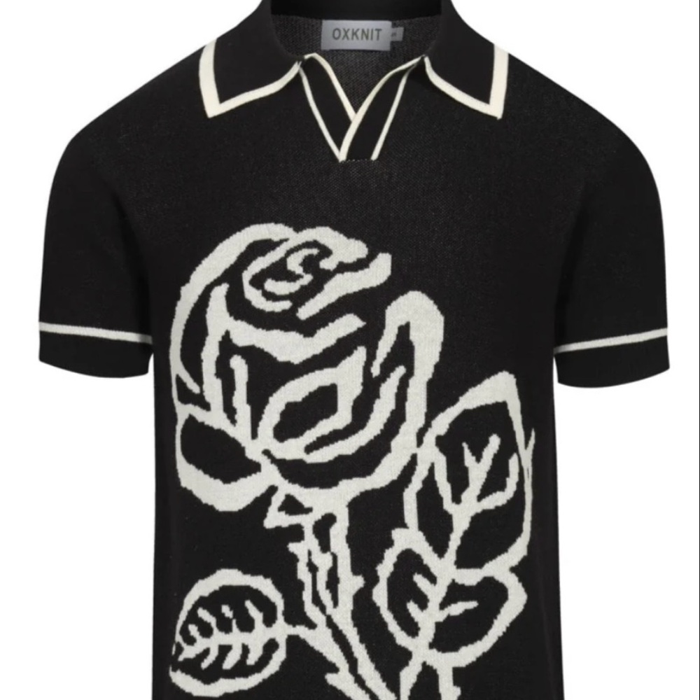 OXKNIT Black and White Rose Polo Shirt